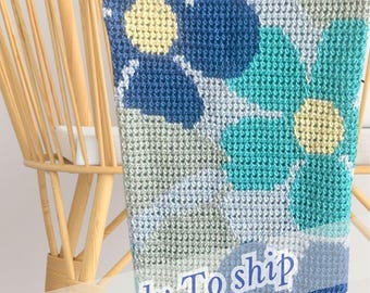 Handmade Floral Baby Blanket, Ready to Ship, Crochet Flower Throw, Baby Shower Gift, Nursery Keepsake, Forget Me Knot, Blue Girl Nursery