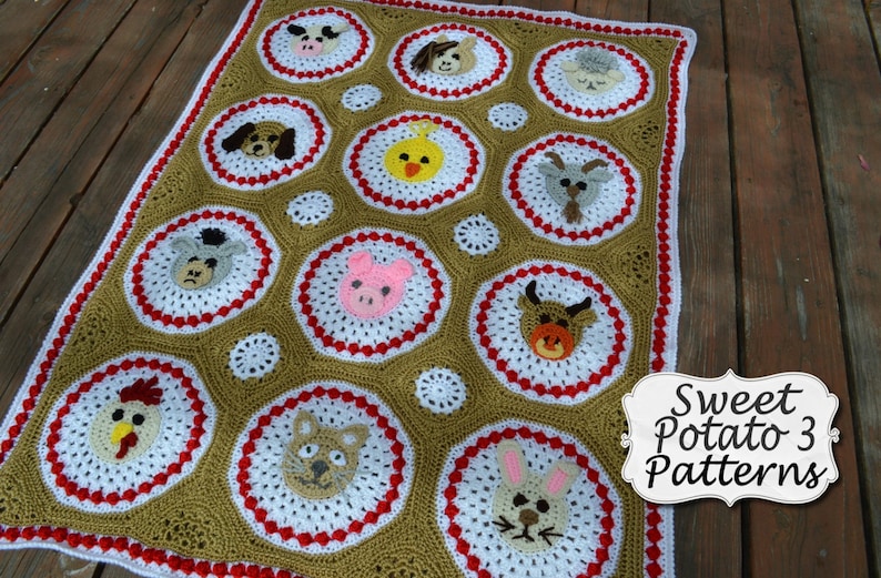 Farm Animal Blanket Crochet Pattern, crochet cirlce motif, baby blanket, toddler, throw blanket, afghan, barnyard, animal nursery crochet image 1