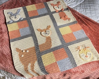 Couverture au crochet pour bébé, animaux des bois : cerf, renard, lapin, hibou (modèle PDF)