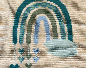 Regenbogen Boho Baby Decke Häkelmuster, Regenbogen in Wolken, Herz Regentropfen, Geschenkidee zur Geburt