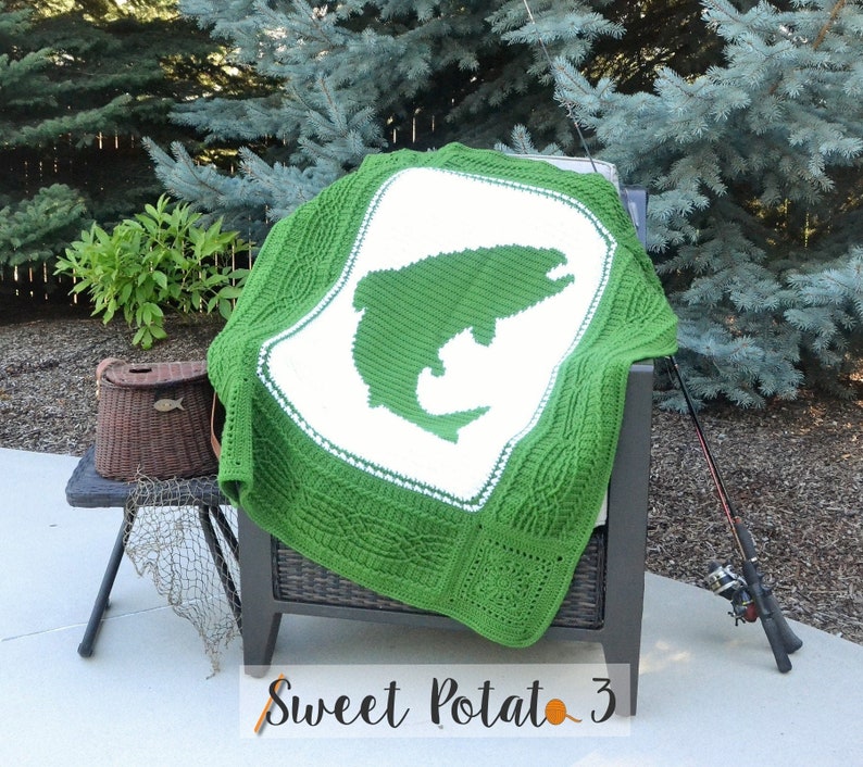 Fish On Blanket Crochet Pattern Afghan, decorative throw blanket, outdoorsman gift, fisherman, angler blanket idea, cabin decor image 1