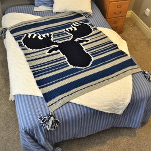 Modèle de couverture au crochet orignal : jeté rayé avec pompons (modèle PDF), décoration de cabane, couverture de retraite à la montagne, souvenir de vacances