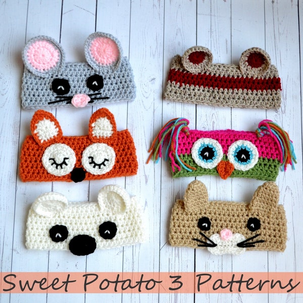 Animal Ear Warmers - Crochet - Mouse, Fox, Owl, Bear, Cat, Monkey - Crochet Pattern, cute gift idea, easy crochet, quick crochet project