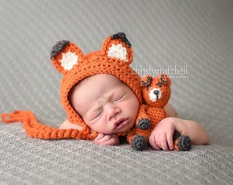 Fox Bonnet and Stuffy Crochet Pattern: Newborn Photo Prop (PDF Pattern)