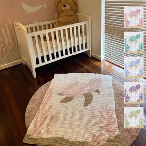 Può includere: Un lettino bianco con un orsacchiotto seduto sopra. Una coperta all'uncinetto con un disegno di tartaruga rosa è sul pavimento davanti al lettino. La coperta è accanto a un tappeto marrone. Ci sono diverse immagini di tartarughe di diversi colori sul muro.