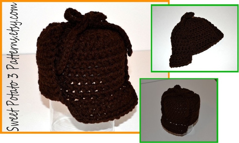 Sherlock Holmes Detective Hat Crochet Pattern, halloweeen costume, spy beanie, baby crochet, easy costume, quick crochet project image 4
