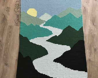Mountain River Crochet Blanket Pattern, throw blanket, graph crochet, gift for nature lover, landscape afghan, river throw, sunrise