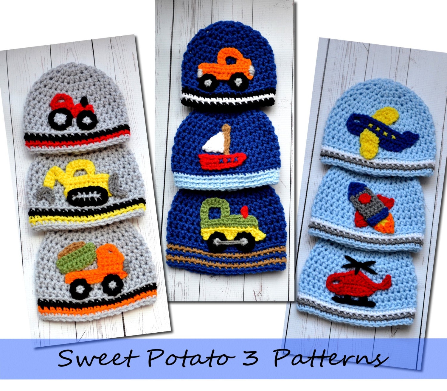 All Boy Applique Crochet Pattern - Tractor, Bulldozer, Dump Truck, Boat, Train, Farm, Water, Airplane, Rocket, Helicopter, Nautical, Farm