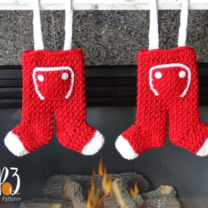 Long John Christmas Stocking Crochet Pattern, holiday crochet, mantel decor, gift card holder, unique Christmas Stocking, suspender hooks image 1