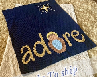 Handmade Christmas Crochet Blanket: Nativity Manger & Northern Star