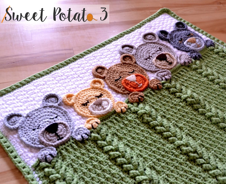 Sleep Tight Teddy Bear Baby Blanket Crochet Pattern Baby Blanket, Nursery, Baby Shower Gift, Unique, Trendy Textured Crochet, Sleeping image 1