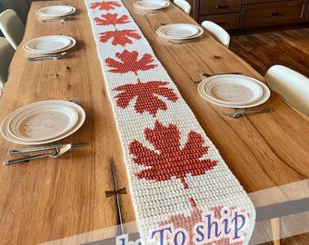 Handmade Crochet Maple Leaf Table Runner: Rust Orange Fall Decor