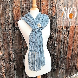 Winter Wishes Scarf Crochet Pattern, textured crochet, scarf with fringe, keyhole scarf, button closure, classic grey scarf pattern