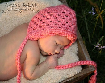 Vintage Bonnet with Scallop Edge - Crochet Pattern, granny square inspired, baby accessory, hat, photo prop for newborns, baby girl handmade