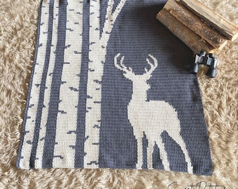 Among the Aspen Deer Crochet Blanket Pattern: Graph Throw, Birch Bark, Buck Afghan, Cabin Throw Blanket, Mountain Theme Decor