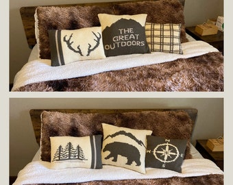 Mountain Cabin Pillow Covers crochet patter, Man Cave decor, Nursery, Outdoor Lover Gift, plaid pattern, compass, bear, deer antler, trees