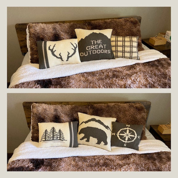 Mountain Cabin Pillow Covers haak geklets, Man Cave decor, Kinderdagverblijf, Outdoor Lover Gift, geruit patroon, kompas, beer, hertengewei, bomen