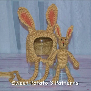 May include: A crocheted bunny hat with long floppy ears and a matching crocheted bunny doll. The hat has a hole for the face and a long tail. The doll is sitting on a glass jar. The text "Sweet Potato 3 Patterns" is at the bottom of the image.