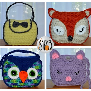 Girls Handbag Crochet Pattern Owl, Fox, Kitten, Bow, kids tote, children's handbag, crochet kids accessory, kids dress up crochet pattern image 2