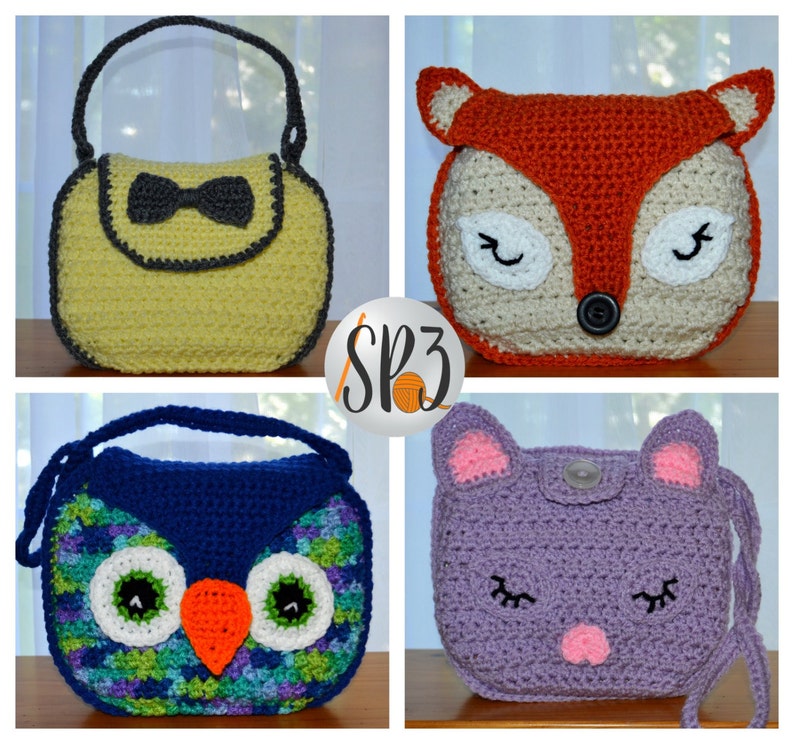 Girls Handbag Crochet Pattern Owl, Fox, Kitten, Bow, kids tote, children's handbag, crochet kids accessory, kids dress up crochet pattern image 2