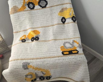 Bauwagen Baby Decke häkeln, Baby Decke für Junge, Kipper, Bagger, Kinderzimmer Dekor, Baby-Dusche-Geschenk, Unikat häkeln