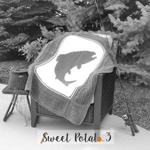 Fish On Blanket Crochet Pattern Afghan, decorative throw blanket, outdoorsman gift, fisherman, angler blanket idea, cabin decor image 3