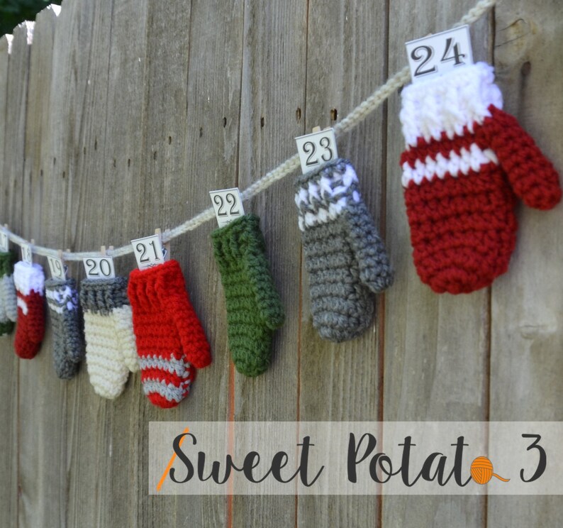 Mitten Bunting & Advent Calendar Crochet Pattern, holiday crochet, Christmas count down crochet, holiday garland, printable, winter decor image 1