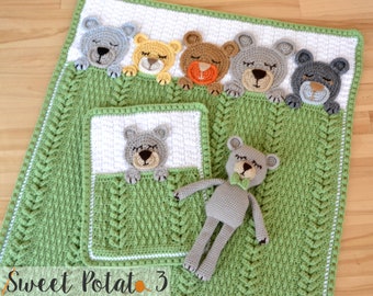 Sleep Tight Teddy Bear Set Crochet Pattern - Baby Blanket, Nursery Set, Baby Shower Gift Set, Unique, Trendy Textured Crochet, Sleeping Bear