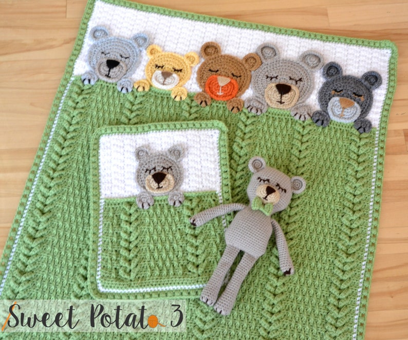 Sleep Tight Teddy Bear Set Crochet Pattern Baby Blanket, Nursery Set, Baby Shower Gift Set, Unique, Trendy Textured Crochet, Sleeping Bear image 1