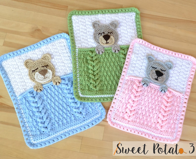 Sleep Tight Teddy Bear Set Crochet Pattern Baby Blanket, Nursery Set, Baby Shower Gift Set, Unique, Trendy Textured Crochet, Sleeping Bear image 2
