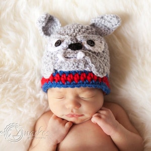 May include: A baby wearing a grey and white crocheted bulldog hat with red and blue trim. The baby is sleeping on a white fluffy surface.