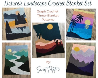 Nature's Landscape Crochet Blanket Pattern Set, throw blanket, graph crochet, mountain blanket, tropical blanket, desert blanket, bundle