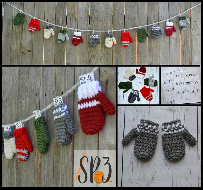 Mitten Bunting & Advent Calendar Crochet Pattern, holiday crochet, Christmas count down crochet, holiday garland, printable, winter decor image 2