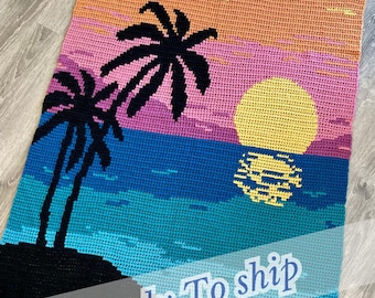 Handmade Crochet Ocean Sunset Blanket: Tropical Palm Tree Coastal Throw