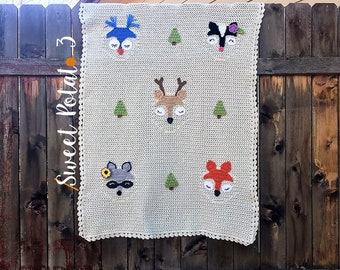 Forest Friends Blanket - Owl, Skunk, Deer, Raccoon, Fox - Crochet Pattern, Animal Blanket, Throw Blanket, Afghan for kids, woodland animals