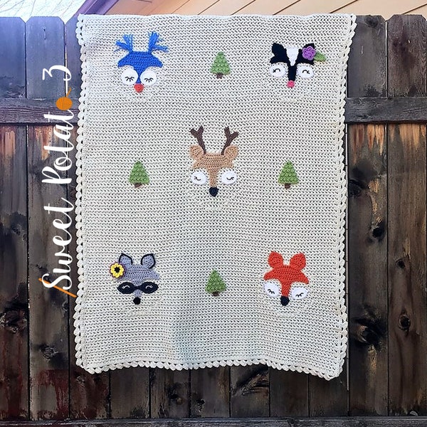 Forest Friends Blanket - Owl, Skunk, Deer, Raccoon, Fox - Crochet Pattern, Animal Blanket, Throw Blanket, Afghan for kids, woodland animals