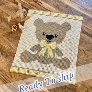 Handmade Teddy Bear Baby Blanket – Ready to Ship | Crochet Throw with Bow-Tie Bear | Classic Baby Shower Gift & Nursery Keepsake
