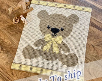 Handmade Teddy Bear Baby Blanket – Ready to Ship | Crochet Throw with Bow-Tie Bear | Classic Baby Shower Gift & Nursery Keepsake