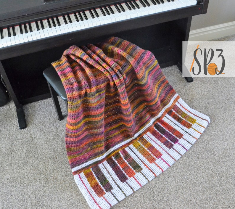 Piano Pizzazz Blanket Crochet Pattern, music lover, piano player gift idea, piano keys, crochet throw blanekt, concert, music teacher gift image 1