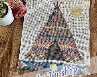 Adventure Woodland Baby Blanket – Ready to Ship | Neutral Crochet Throw with Teepee Design | Rustic Nursery Décor & Baby Shower Gift
