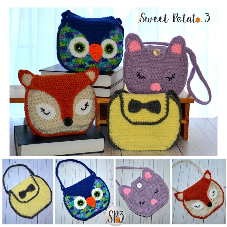 Girls Handbag Crochet Pattern Owl, Fox, Kitten, Bow, kids tote, children's handbag, crochet kids accessory, kids dress up crochet pattern image 1