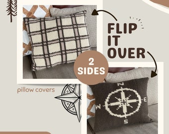 Crochet Pillow Covers Plaid, Compass, Adventure theme, crochet pattern, Man Cave decor, Nursery, Outdoor Lover Gift, Crochet pillows