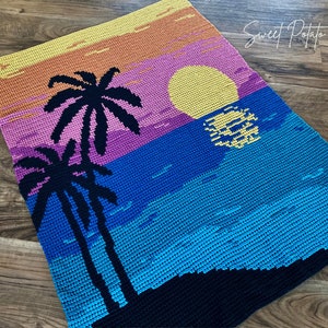Tropical Sunset Crochet Blanket Pattern, throw blanket, graph crochet, gift for beach lover, palm tree blanket, landscape afghan, nature