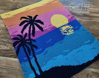 Tropical Sunset Crochet Blanket Pattern, throw blanket, graph crochet, gift for beach lover, palm tree blanket, landscape afghan, nature