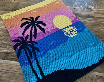 Tropical Sunset Crochet Blanket Pattern, throw blanket, graph crochet, gift for beach lover, palm tree blanket, landscape afghan, nature