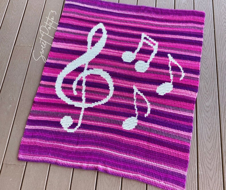 Music Note Crochet Blanket Pattern, throw blanket, graph crochet, gift for music lover, musician gift, modern blanket, singer gift, treble image 1