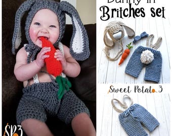 Bunny in Britches Set - Crochet Pattern, baby outfit, easter crochet, rabbit accessories, carrot ami, pants with suspenders, bunny bonnet