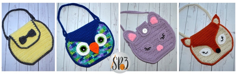 Girls Handbag Crochet Pattern Owl, Fox, Kitten, Bow, kids tote, children's handbag, crochet kids accessory, kids dress up crochet pattern image 3