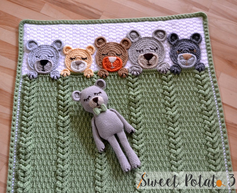 Sleep Tight Teddy Bear Set Crochet Pattern Baby Blanket, Nursery Set, Baby Shower Gift Set, Unique, Trendy Textured Crochet, Sleeping Bear image 4