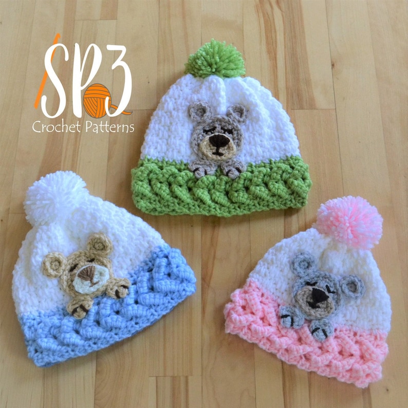 Sleep Tight Teddy Bear Hat Crochet Pattern, baby hat, sleepy bear, textured crochet hat, kids hat, cute crochet gift, bear applique image 1